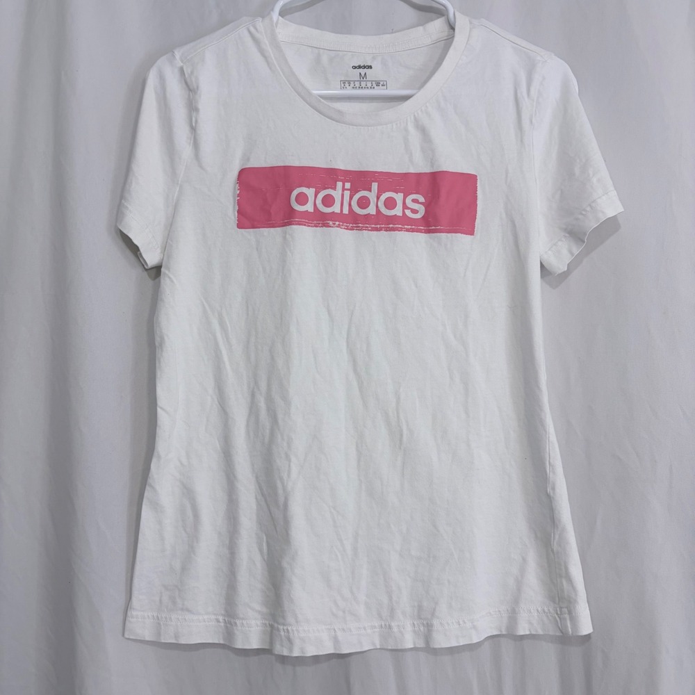 Adidas Womens White‎ Pink Logo Graphic T-Shirt Size M Athletic Tee